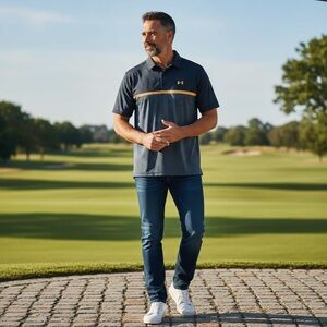 SHIRT Under Armour Men's Polo - Dark Blue and Bright Orange COLLARED